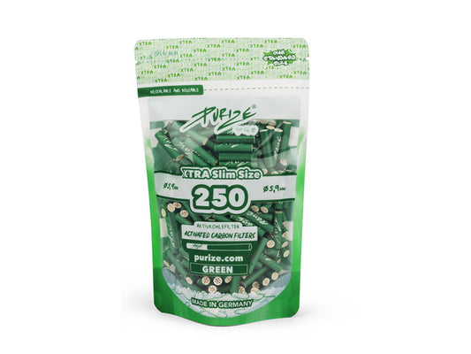 PURIZE Grün; 250er Vorratsbeutel, 250 XTRA Slim Size (ø 5,9 mm); Aktivkohlefilter